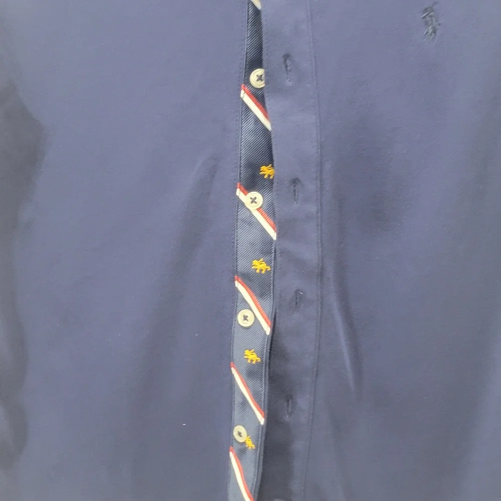 Polo Ralph Lauren Boys M 10-12 Navy Knit ButtonDown Shirt Striped Placket Preppy